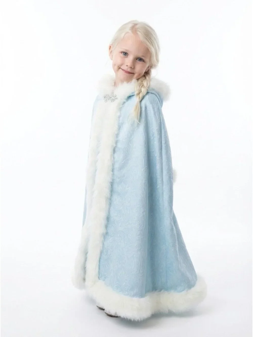 Girls Festive Blue Cape with Hood and White Fur Trim
